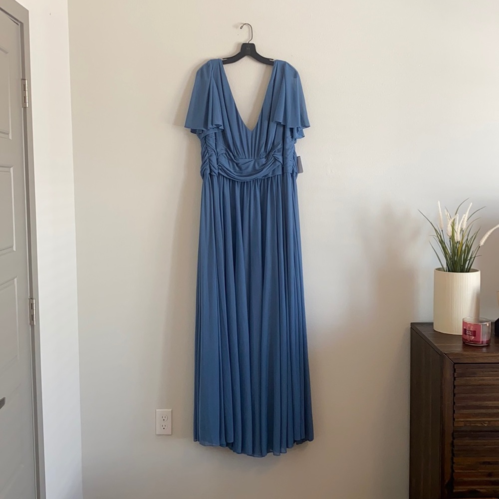 David’s Bridal Steel Blue Flutter Sleeve Dress w/ Extra Length